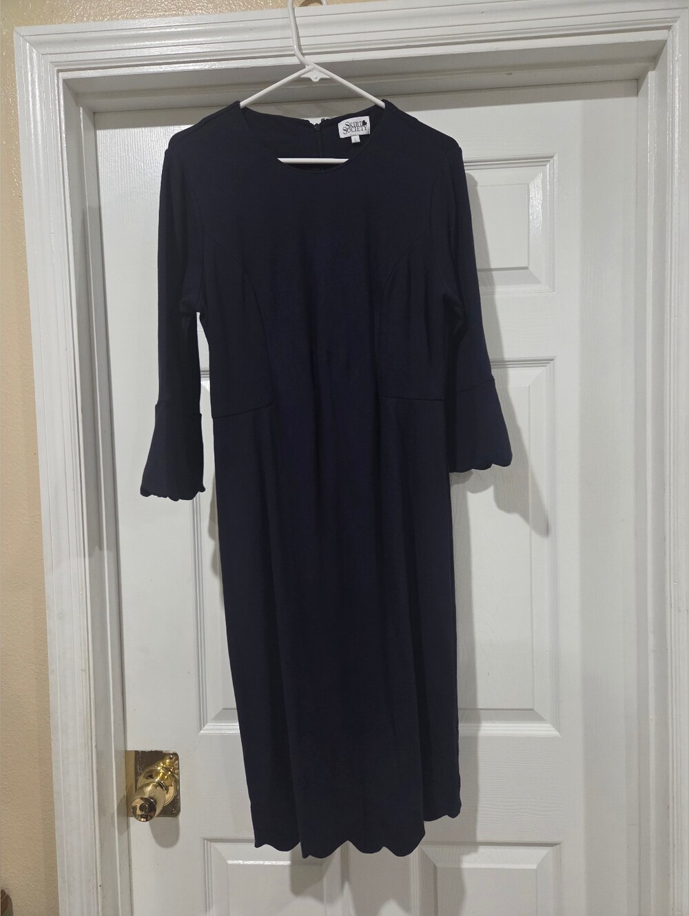 Navy Scallop-Hem 3/4 Sleeve Midi Dress